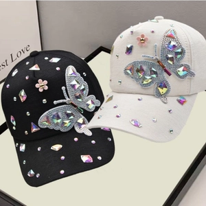 Butterfly Rhinestone Baseball Cap Cotton Colorful Crystal Sun Hat Adjustable Fashion Outdoor For Women