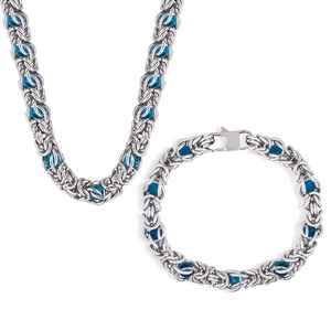 Silver Byzantine style titanium steel necklace and bracelet set with blue beads