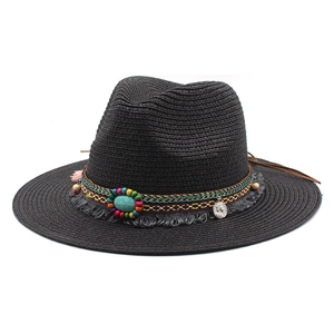 Boheemse Stro Fedora Hoed Brede Rand Western Cowboy Zonbescherming Strandvakantie Etnische Kwast Kralen Turkoois