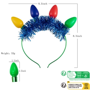 Detailed size specifications of festive light bulb headband weighing 53 grams for parties