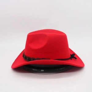 Detail of red wool felt cowboy hat featuring a braided brown leather decorative band