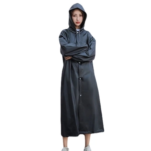 Thickened transparent dark grey reusable raincoat for women with drawstring hood and buttons