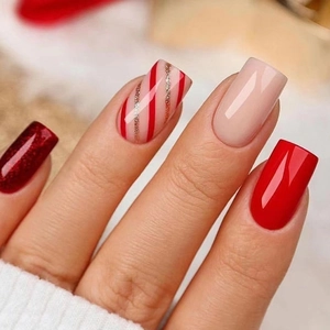 Christmas Press On Nails Striped Red Gold Glitter Square Shape Fashion Festive Manicure For Women