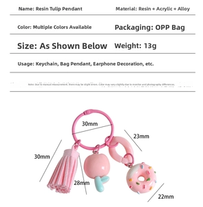 Detailed size measurement of pink tulip resin keychain with heart and tassel details