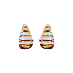 Vintage gold plated water drop earrings with white enamel and spiral metal design