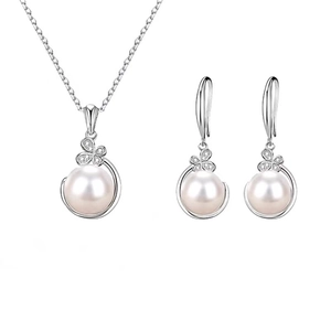 Elegant silver pearl jewelry set with butterfly pendant necklace and matching drop earrings