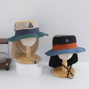 Kids outdoor quick-dry sun hats with neck flaps and drawstring in color-block style