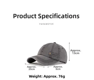 Detailed size parameters of washed cotton baseball cap with dimensions and weight
