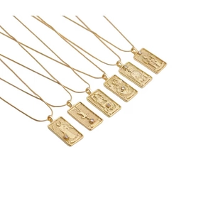Tarot Card Pendant Necklace Copper Gold Plated Rectangular Embossed Zircon Vintage Religious Jewelry For Women