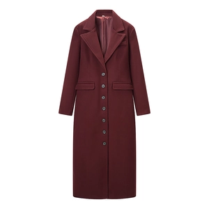 Detail view of burgundy slim fit long wool coat featuring a lapel and single-breasted buttons