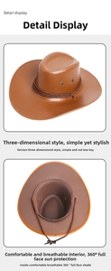 Detail view of brown PU leather cowboy hat with braided band and adjustable chin strap