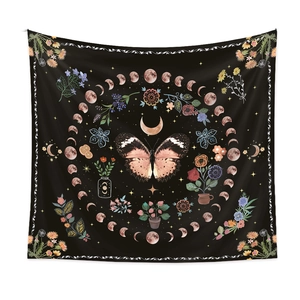 Mystic black butterfly tapestry with moon phase and floral patterns for room wall decor
