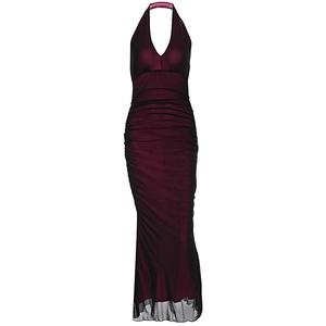 Detail view of the ruched burgundy mesh texture and deep V-neck of this backless maxi dress