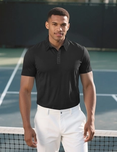 Detail of men's black cotton polo shirt featuring breathable fabric on a tennis court