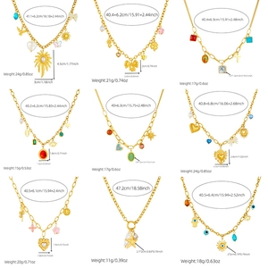 Nine gold necklaces featuring diverse pendants with specific size and weight specifications