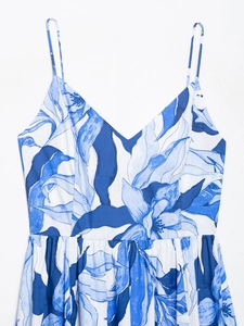 Detailed close-up of blue floral print fabric on a summer spaghetti strap dress