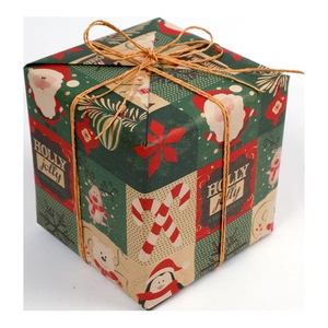 Christmas square gift box featuring Holly Jolly Christmas text and brown hemp rope bow