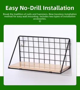 Detail view of industrial wall shelf showing wood plank and black metal grid structure