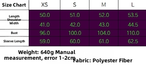 Detailed size chart for women's short fleece jacket with measurements in XS to L sizes