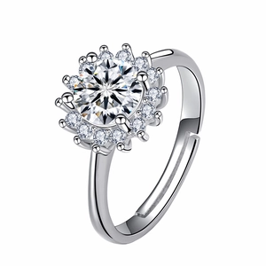Close-up of sparkling sunflower zircon ring with center round stone and adjustable band
