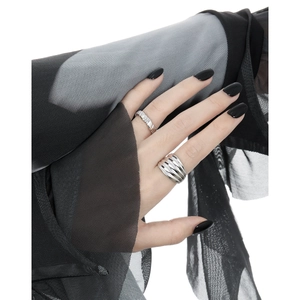 Minimalist matte silver multi-layer wavy ring set with wide pleated bands for women