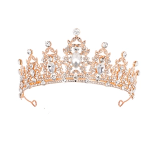 Close-up of rose gold bridal crown featuring sparkling crystals and teardrop stones