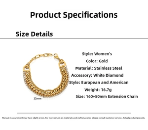 Detail showing dimensions of triple layer gold plated stainless steel zircon bracelet