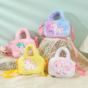 Detail of soft plush unicorn bags in multiple colors with star decor and ribbon bows