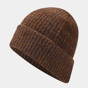 Winter striped knit beanie set in caramel brown rib-knit wool blend for outdoor warmth