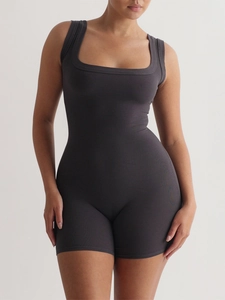 Sleeveless square neck deep grey ribbed yoga romper jumpsuit for women in summer fashion