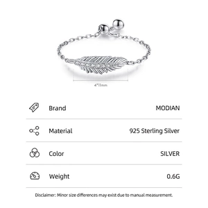 Delicate S925 sterling silver feather chain ring with sparkling zircon stones