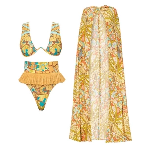 Three-piece ethnic print bikini set with fringed high waist bottom and long cardigan cover-up