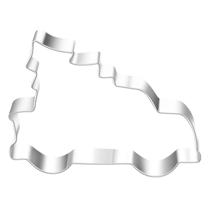 Detail view of a silver stainless steel truck-shaped cookie cutter carrying a Christmas tree