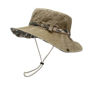 British style vintage washed cotton boonie hat with camo band and adjustable chin cord