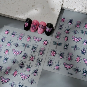 5D pink and black insect nail art stickers with spider and butterfly motifs for DIY nails