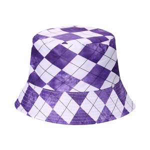 Detailed view of the purple and white diamond checkered pattern on cotton sun hat