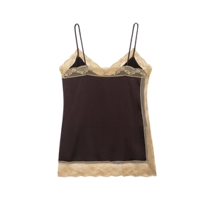 Women's black satin camisole with apricot lace trim and V-neckline on white background