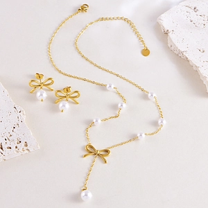 Bow Knot Necklace And Earrings Elegant Gold Plated Stainless Steel Faux Artificial Pearl Tassel Clavicle Chain For Women
