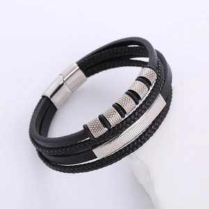 Men's multilayer black braided leather bracelet with silver metal beads and magnetic clasp