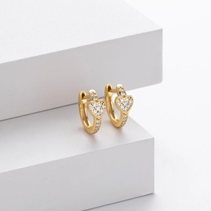 Elegant gold S925 sterling silver hoop earrings with heart shaped pave zircon stones