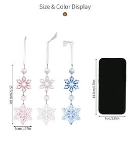 Size chart showing acrylic snowflake ornaments in pink, white, and blue, length 15.5cm