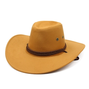 Detail of ginger suede cowboy hat showing rustic braided rope and metal eyelets