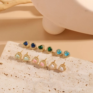 Elegant heart-shaped zircon earrings in multiple colors on a stone with 14K gold plating