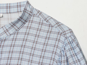 Detail of blue and white checkered dress showing shirt collar and fine fabric texture