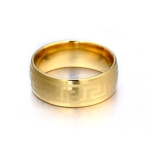 8mm gold 316L stainless steel ring with classic Greek key pattern on white background