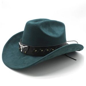 Detailed view of western cowboy hat with black leather band and silver steer skull ornament