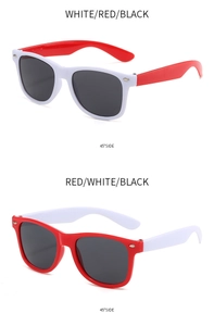 Detail view of children's sunglasses with classic frames and metal rivet accents
