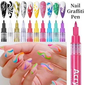 Macro view of multi-color nail graffiti pens with detailed creative 3D nail art effects