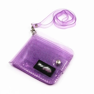 Glittery purple clear PVC ID card holder with neck lanyard and snap button closure