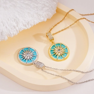 Octagram Compass Round Pendant Necklace Copper 18K Gold Plated Enamel Zircon Vintage Elegant For Women
